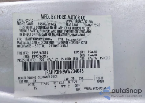 2010 Ford Focus Se from USA, damaged, VIN 1FAHP3FN9AW234046